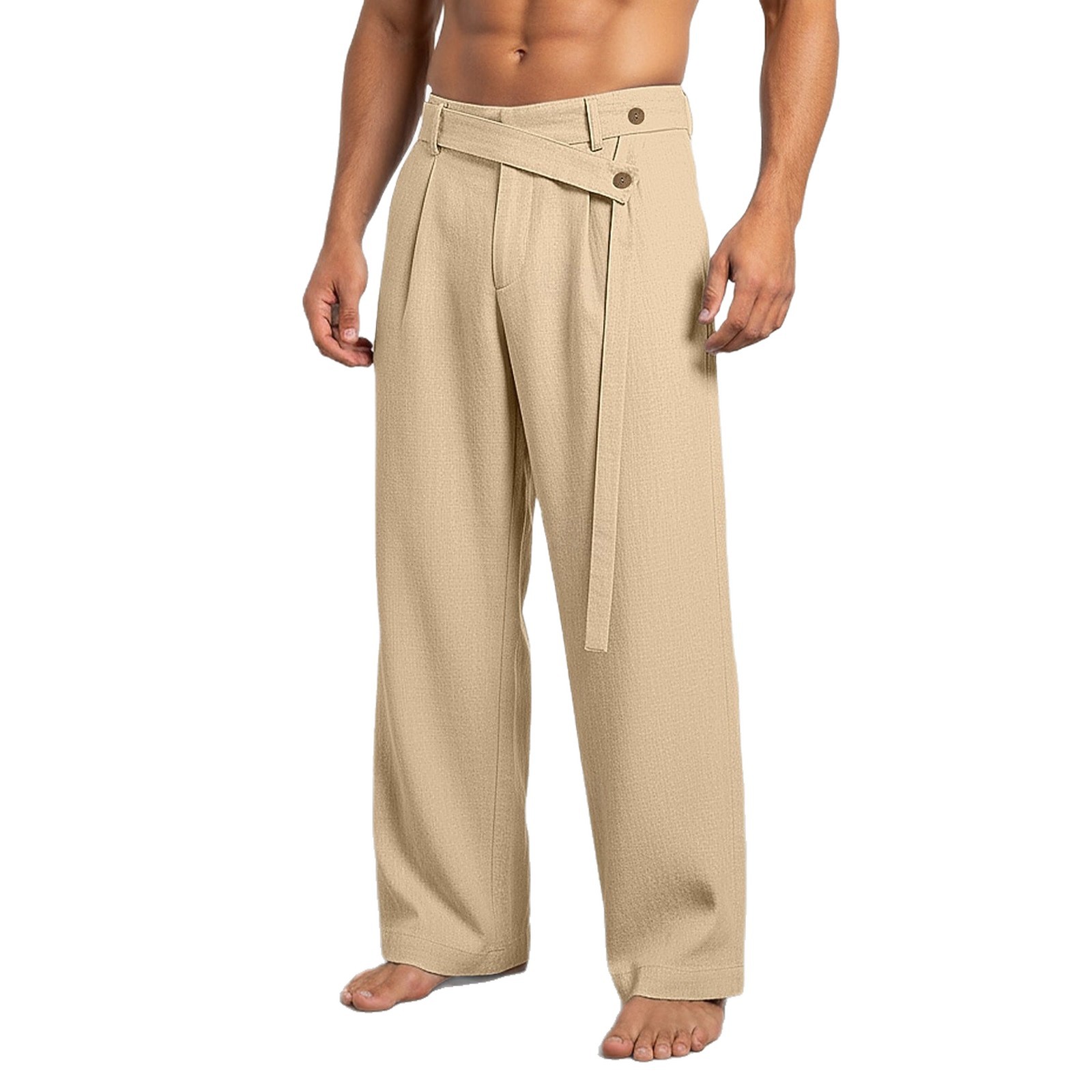 Men's Solid Color Linen Pants Simple Loose Fit High End Straight Leg Casual Midweight Polyester Long Trousers_viptrois.com