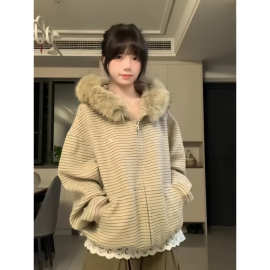 美式复古条纹连帽毛领上衣外套女秋冬设计感慵懒宽松厚款毛衣开衫