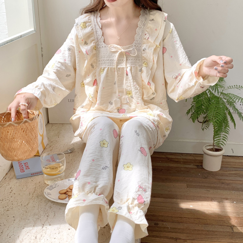 Estilo puro deseo otoño e invierno nuevo pijama de las mujeres tejido de algodón fresco manga larga ins estilo dulce encaje desgaste del hogar traje