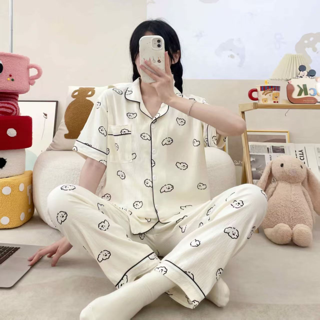 120G nubes algodón pijama casa ropa de mangas cortas pantalones largos set TK entidad transfronteriza pijama mayorista pareja verano