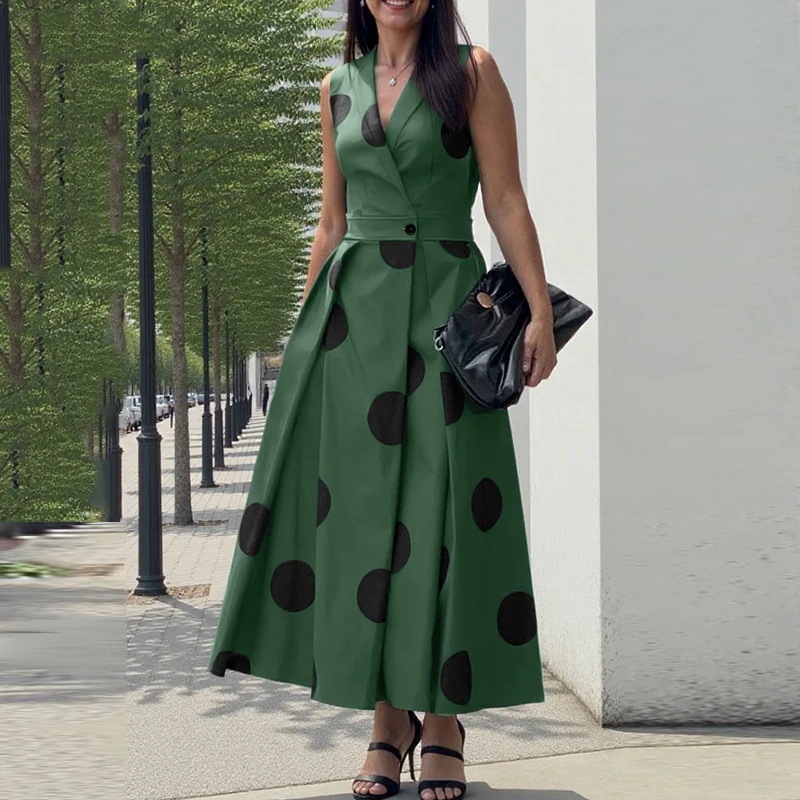Summer Office Women's Sundress Elegant Polka Dot Maxi Dress Sleeveless Party Fashion Dress_ecoleips.com
