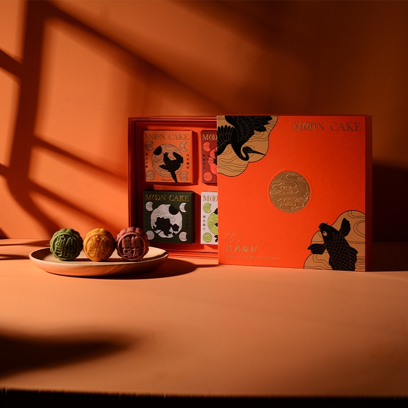 中秋月饼包装礼盒国潮风8粒装手提复古礼品盒旋转批发橘色包装