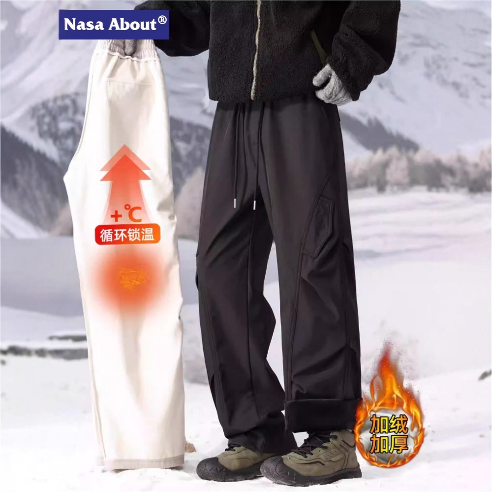 Nasa Fleece-Lined Ski Pants Men's Winter 2025 New Thickeneded Workwear Paratrooper Straight Casual Long Pants