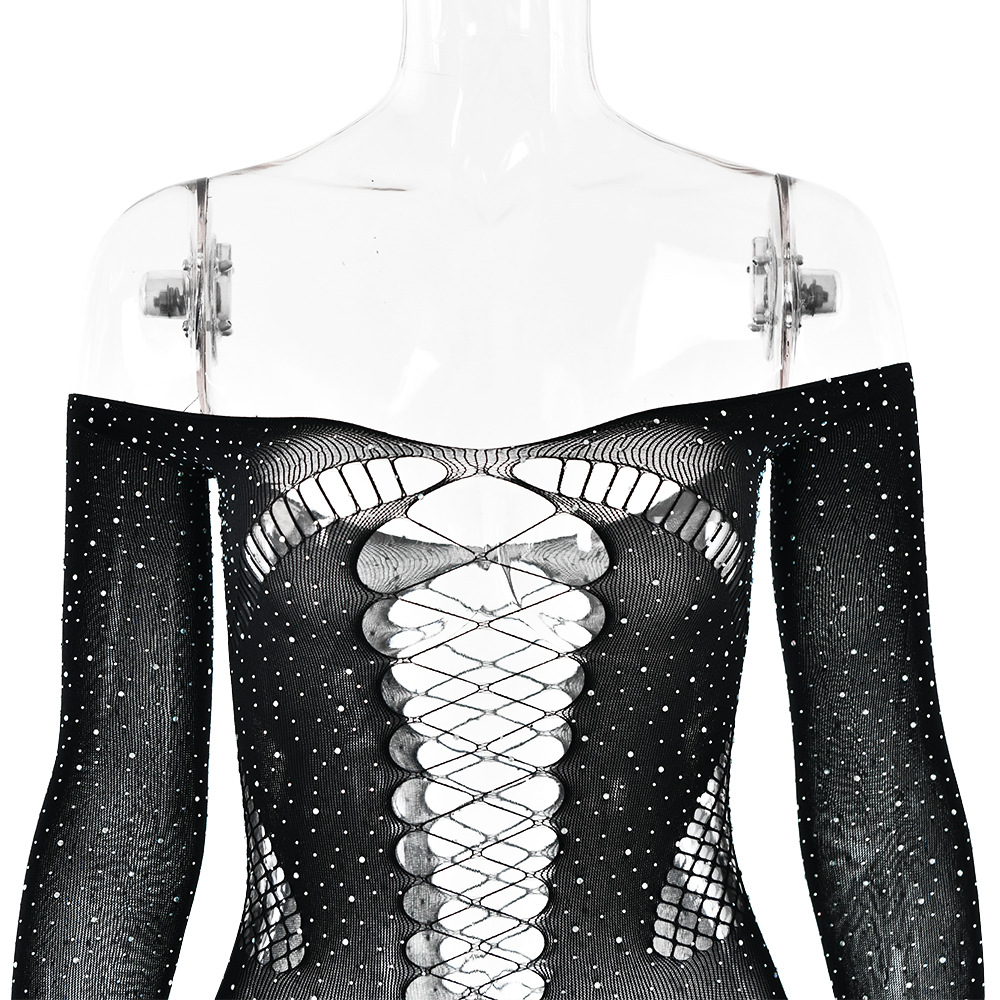 Women Sexy Rhinestone See through Hollow Out Cutout Backless Jumpsuit Long Sleeve Slim Fit Jumpsuit Summer