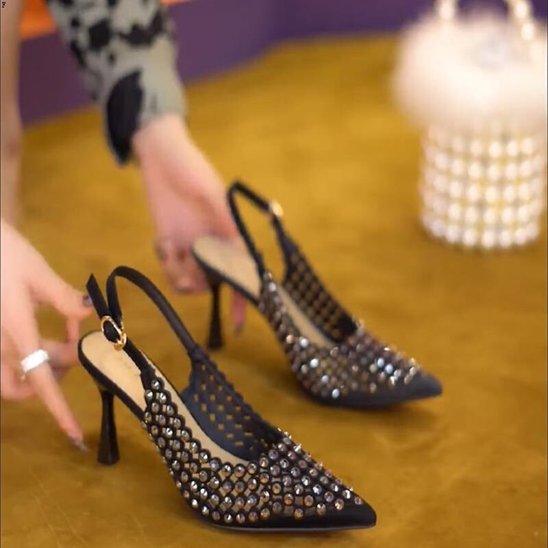 Transparent Cut Out Rhinestone Pointed Toe High Heels for Women 2025 Spring Sandals New Design Hollow Back Stiletto Shoes