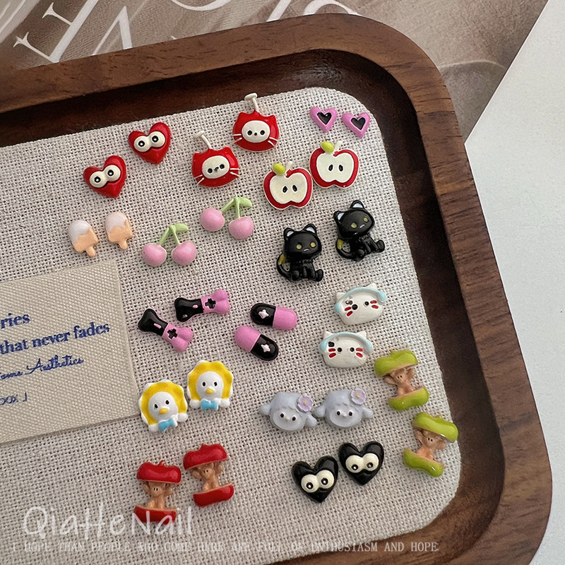 Dopamine Cute Cherry Apple Metal Kitten Mini Nail Ornaments Nail Decoration Alloy Cartoon Accessories