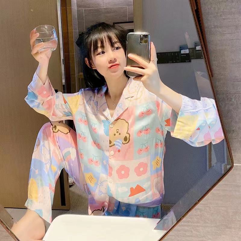 Nuevas celebridades de Internet ins viento primavera otoño pijamas mujeres de manga larga versión coreana japonesa dulce y lindo traje de servicio a domicilio de confinamiento