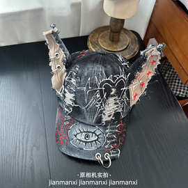 个性哥特风朋克涂鸦杜宾狗立体耳朵棒球帽子女破洞爱心刺绣鸭舌帽