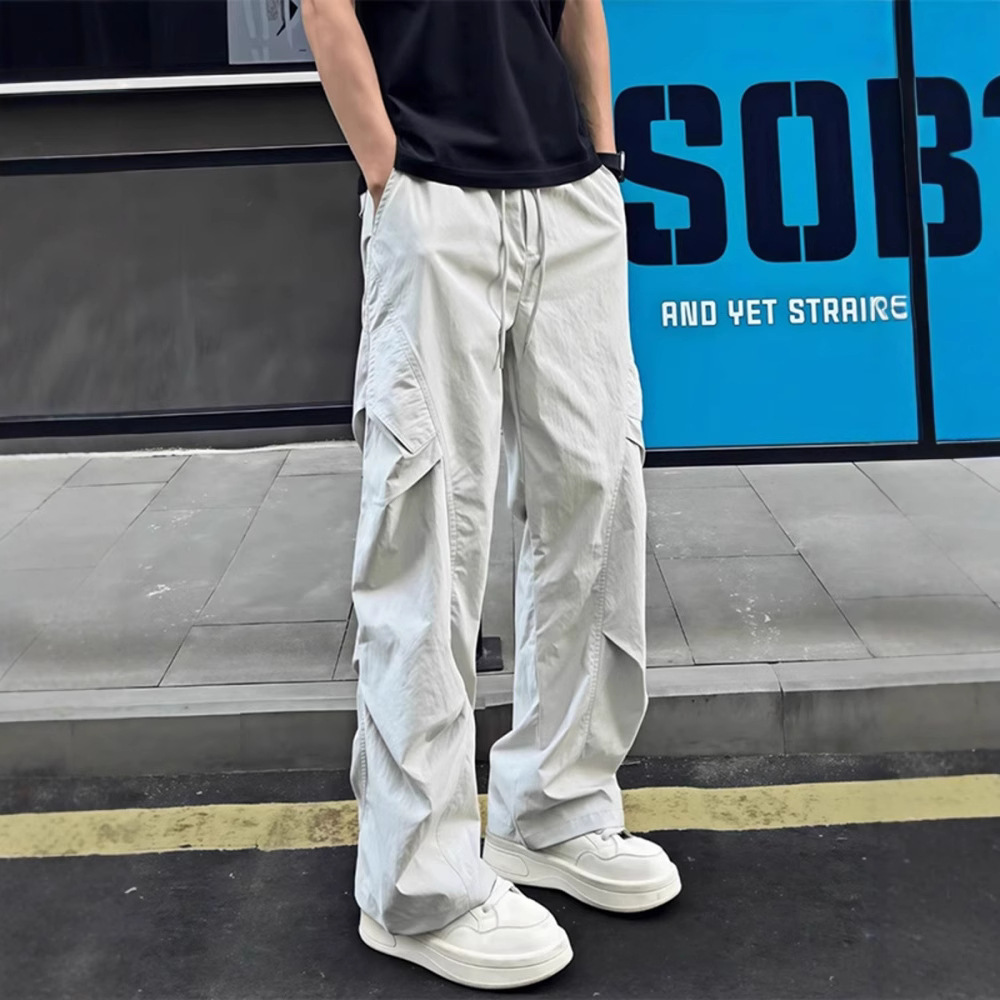 American-Style Ice Silk Quick-Dry Pants for Men, Summer Thin Pleated Paratrooper Cargo Pants, Drapey Casual Loose Trendy Brand Long Pants