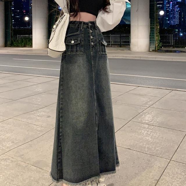 高腰毛边牛仔半身裙女装春秋新款复古设计感小众A字长裙裙子冬季|undefined