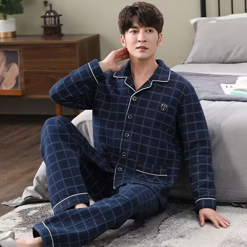 Capa de aire de tres capas traje acolchado pijamas hombres Otoño e Invierno carta bordado prendas de vestir exteriores homewear