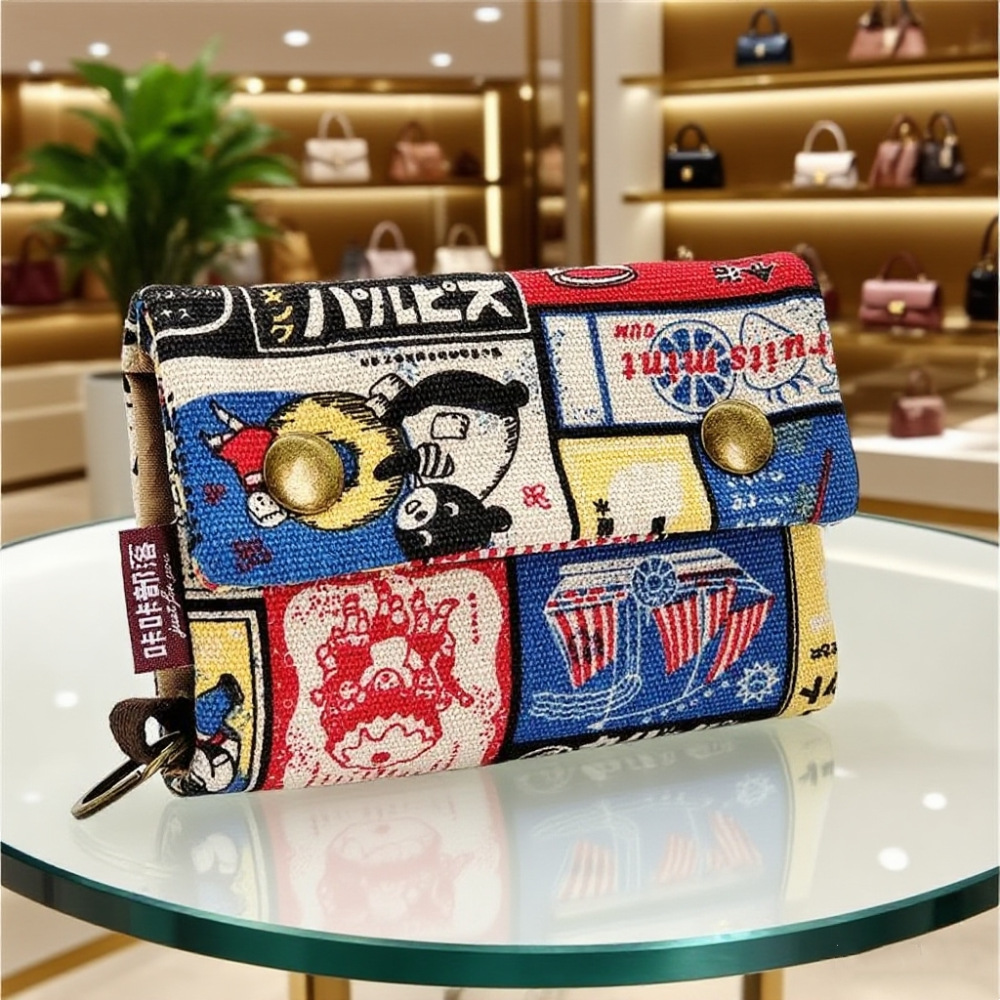 Cartera de lona de mezclilla triple con estampado de dibujos animados creativo, simple para hombres y mujeres, estuche para tarjetas de lona, estuche para llaves