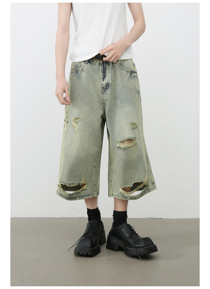 Quần short jean nam ống rộng ống thẳng dáng lửng rách nhẹ — Màu xanh lam chi tiết 7
