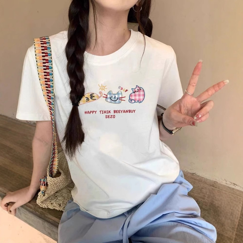2025 New Summer Style Cartoon Cute Cat Print Design Short-Sleeved T-Shirt Women's Right Shoulder Round Neck Versatile Sweet Top 2025 New Summer Style Cartoon Cute Cat Print Design Short-Sleeved T-Shirt Women's Right Shoulder Round Neck Versatile Sweet Top