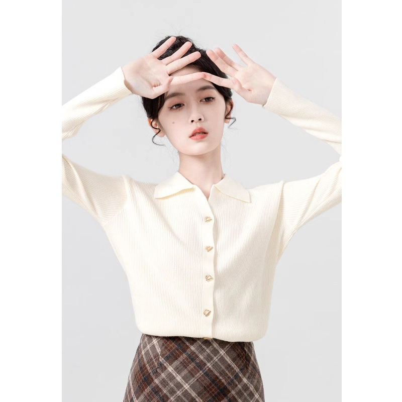 Apricot Polo Collar Long-Sleeved Knitted Cardigan for Women Spring & Fall 2025 New Design Niche Chic Thin Sweater Top