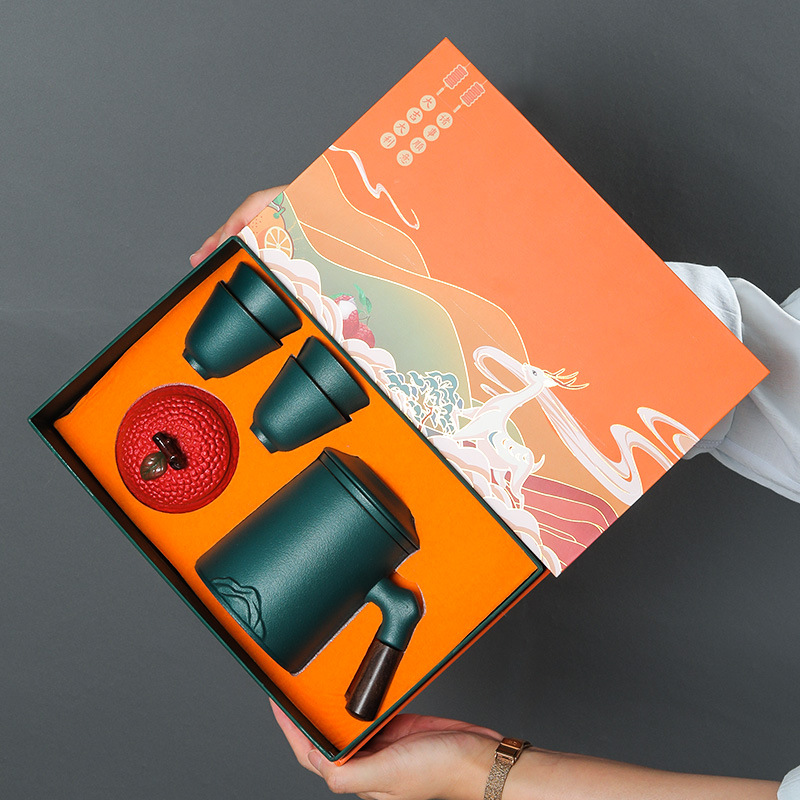 그린 컵 + 차 항아리 + 4 컵 선물 상자