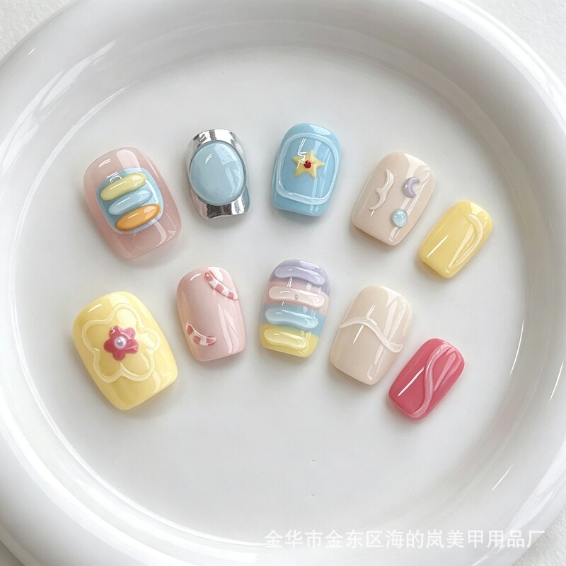 Wearable Nails Handmade Premium Nail Art Nail Tips Resin Cute Style Fresh Macaron Short Nails Wearable Nail Tips