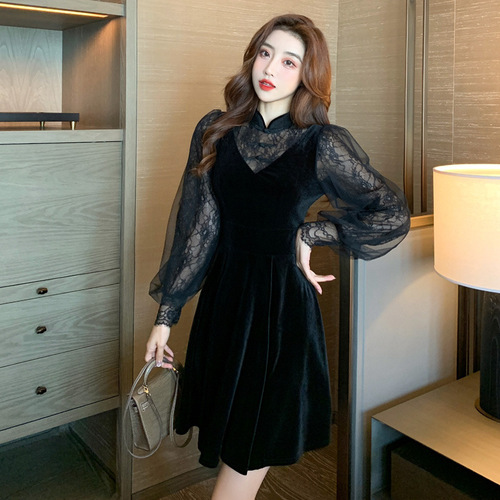 Black Chinese Dress Oriental Qipao for women Lace mesh stitching velvet improved cheongsam little black dress