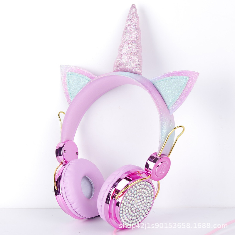 Head-mounted children's wired bluetooth headset for mobile phone computer tablet with subwoofer luminous unicorn cartoon headset