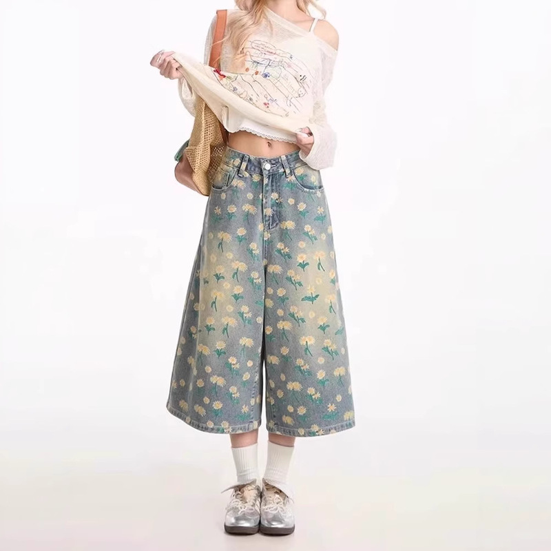 Hong Kong Style American Retro Jeans for Women 2025 Summer Couple Wear Trendy Ins Loose Chrysanthemum Denim Cropped Pants