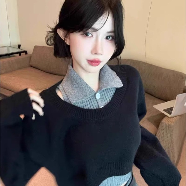 College-style polo collar sweater for women, new autumn short knitted two-piece set, casual turn-down collar top for petite figures College-style polo collar sweater for women, new autumn short knitted two-piece set, casual turn-down collar top for petite figures