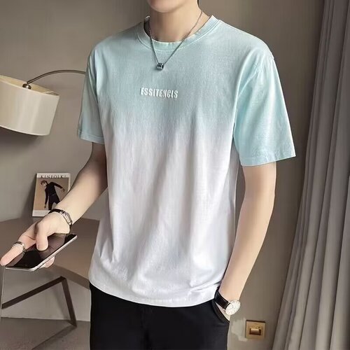 Men's Short Sleeve T-Shirt Summer Ice Silk Gradient Crew Neck Loose Half Sleeve T-Shirt with Letters