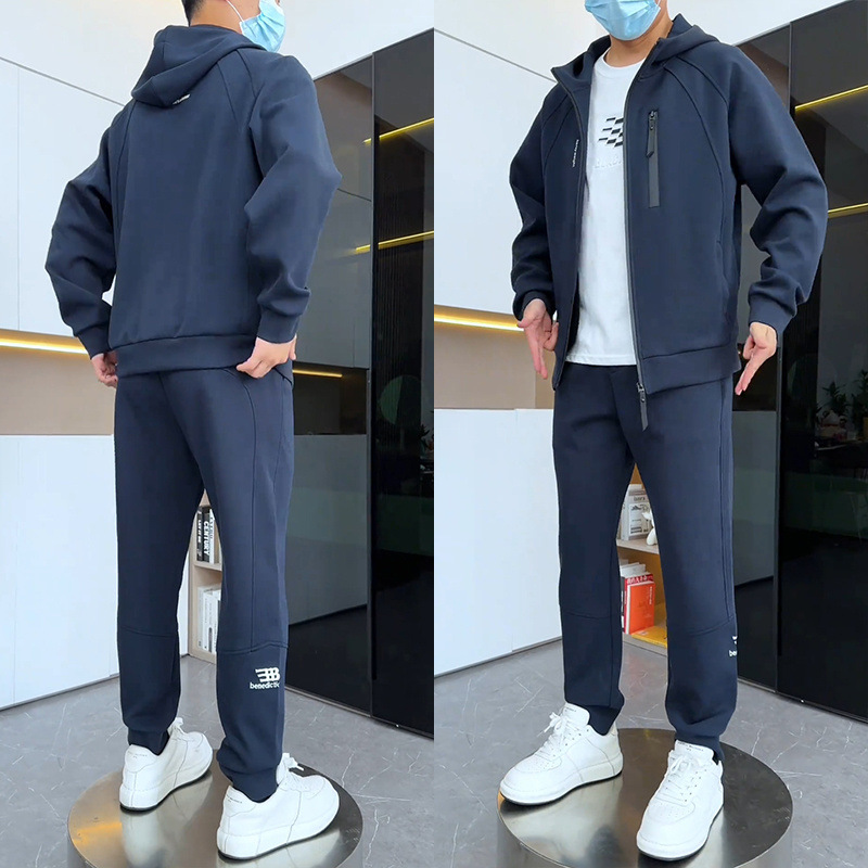 가을과 겨울 기모 두꺼운 캐주얼 스포츠 세트 남성 후드 재킷 패션 슬림핏 스웨트 셔츠 투피스 세트