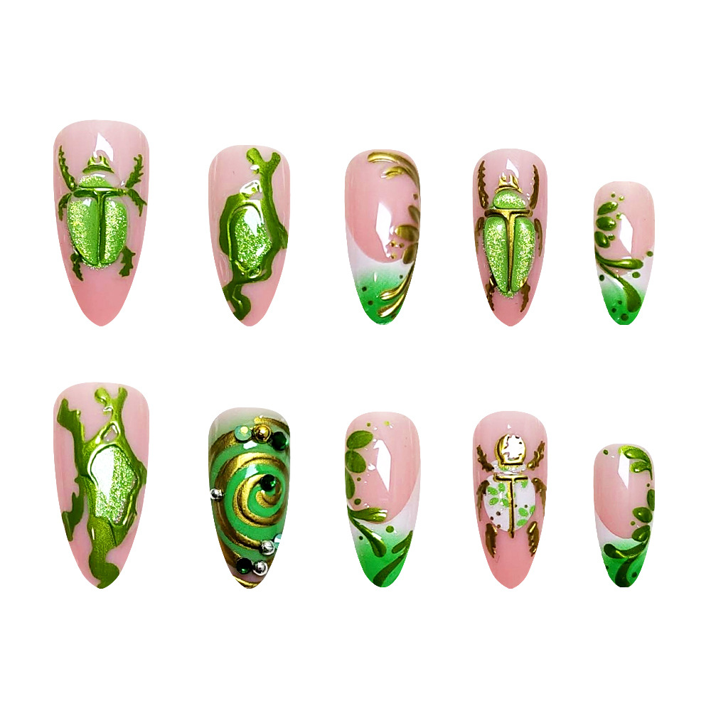 Transfronterizo rosa verde dorado tortuga taladro de uñas estereoscópicas luces de oro fantasía francesa 24 piezas de parche de uñas