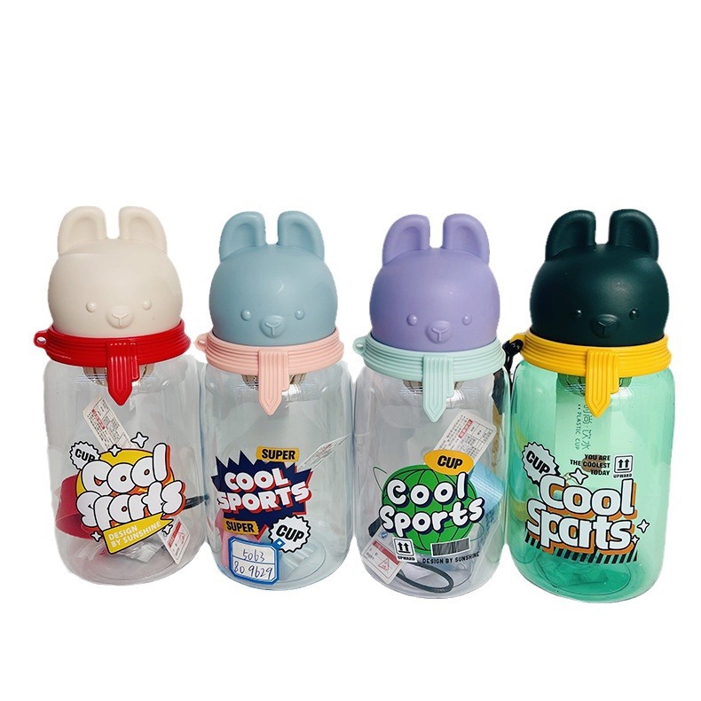 Baijia 5063 taza de plástico para niños babero cabeza de conejo taza de plástico nuevo estilo cool guapo correa de cuerda taza con partición de té