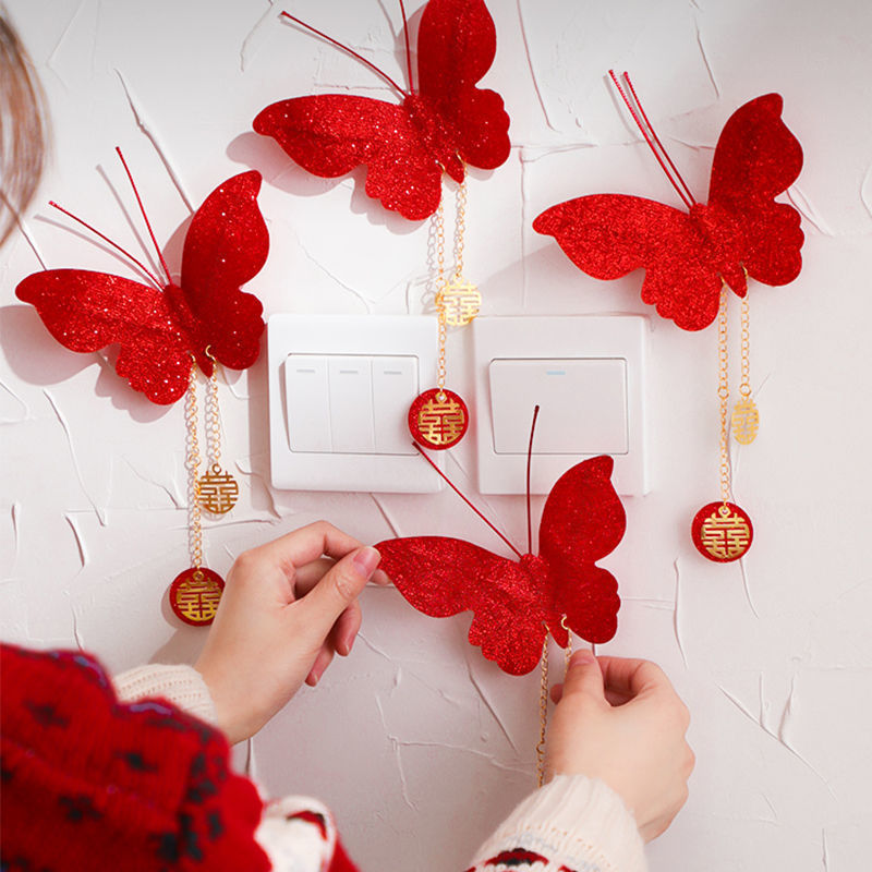 Bedroom Decoration and Arrangement for Marriage, Complete Set of Wedding Supplies, Full-Size Simulated Red Chinese Characters with 3D Red Butterflies, Wall Switch Decal Ornament