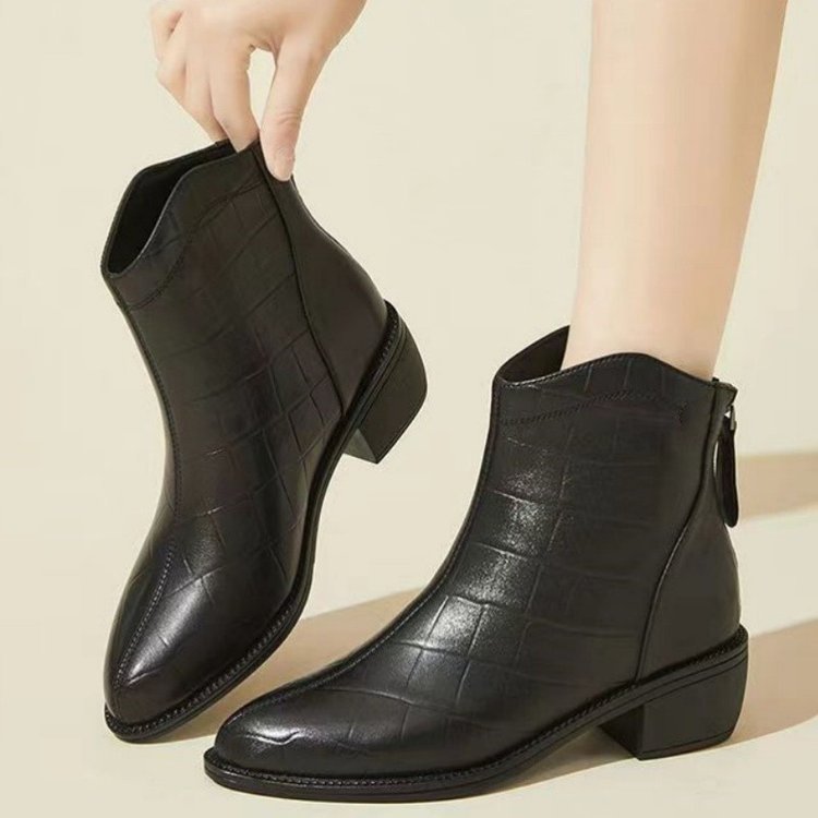 ShoeVault Chunky Heel Short für Damen, Herbst/Winter 2024, neue spitze Zehenpartie, seitlicher Reißverschluss, lässiger Zigarettenstil, Frühlingsmode, koreanischer Stil_voghion.com