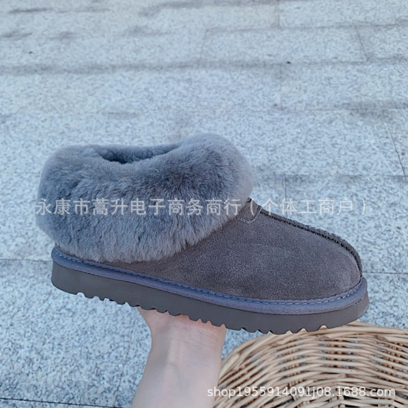 薄底塔次特雪地靴女短筒加绒保暖棉鞋冬季防滑底牛皮羊毛一脚蹬|undefined