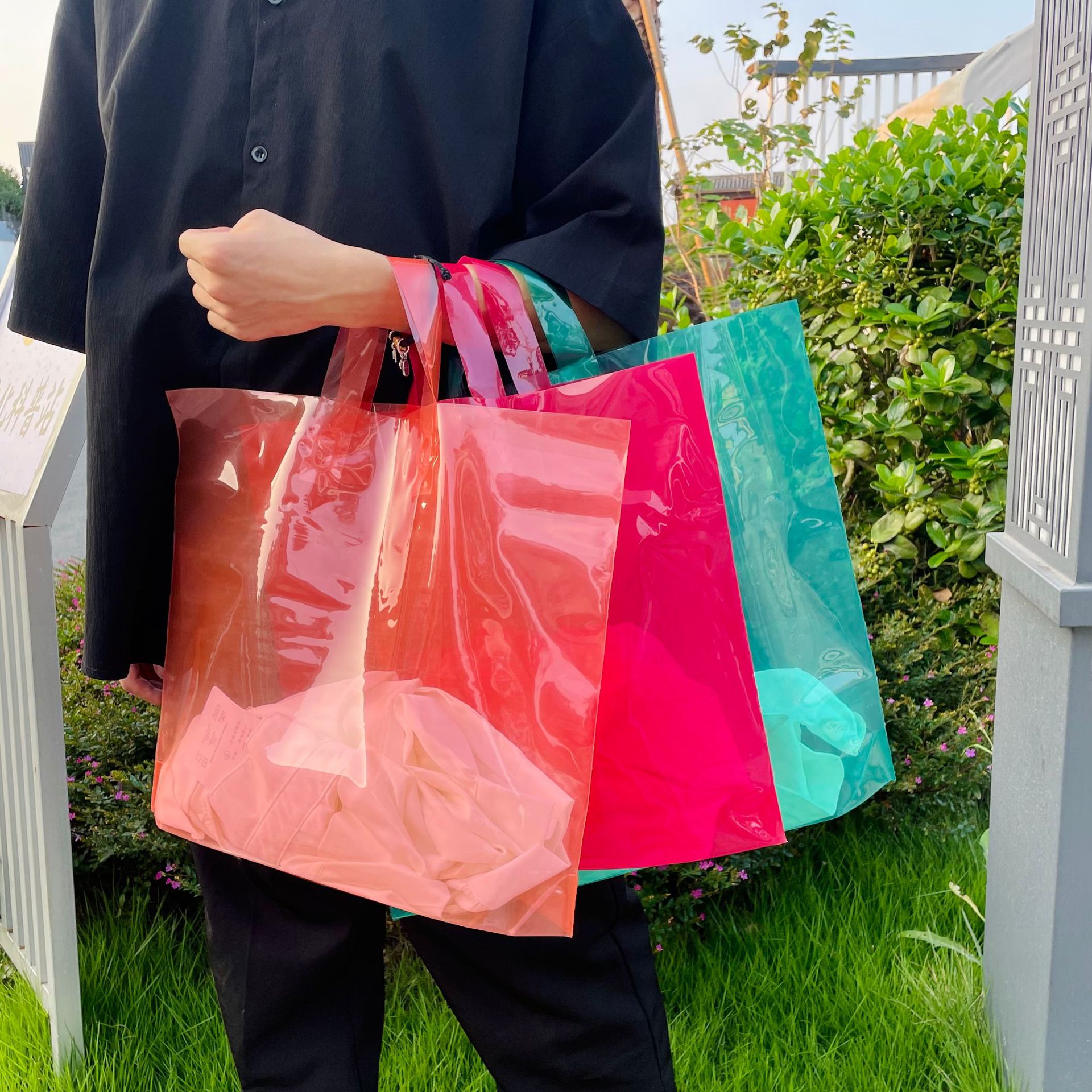 EVA超透加厚底折透明果冻服装店手提塑料购物袋子礼品袋批发衣服