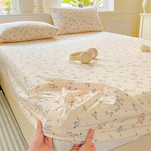 Washed Cotton Double-Layer Yarn Fitted Bed Sheets Single Piece Type a Household Protective Cover Dormitory Single Dormitory Three-Piece Bed Bed Sheets Pillowcase