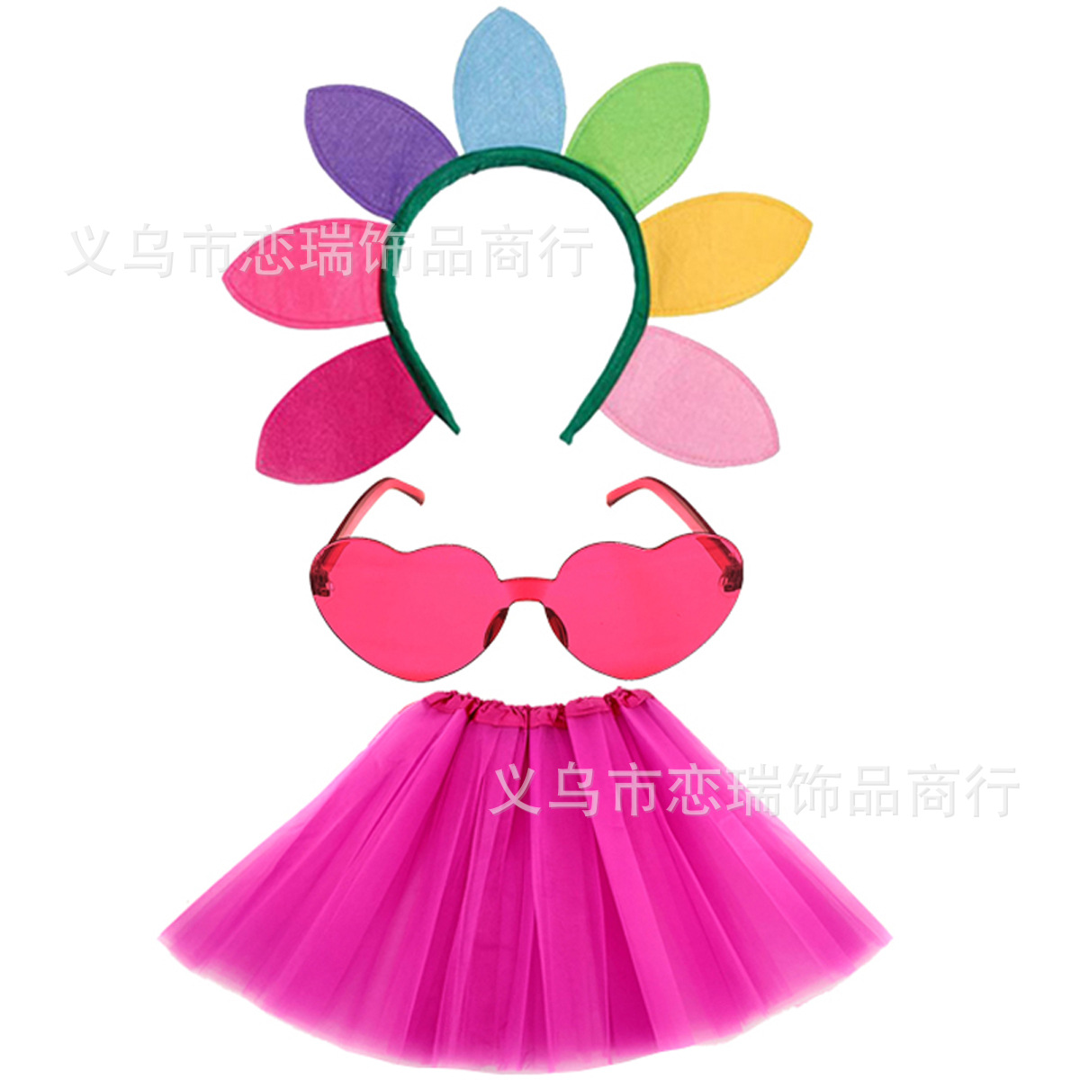 Fiesta de baile Diadema de girasol Color del arco iris Gafas de amor Malla Imagen Falda Pantimedias Combinación Set Spot