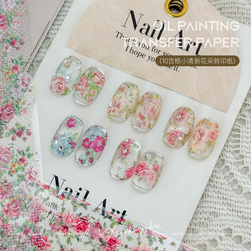 Spring and Summer Monet Oil Painting Retro Rose Floral Versailles Polka Dot Rose Nail Art Transfer Paper 10-Pack