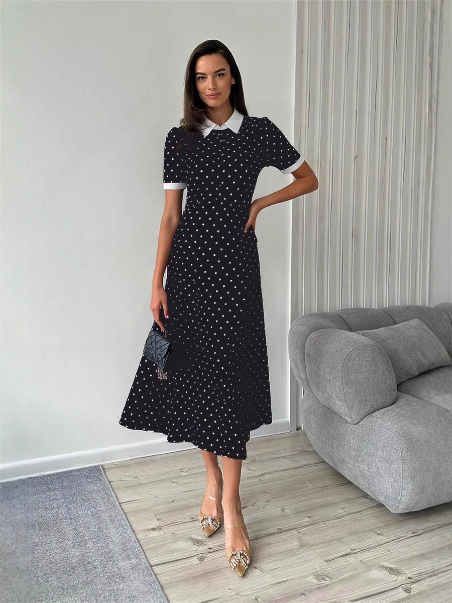 French-Style Polka Dot Print Dress 2026 Spring/Summer New Color-Blocking Fashion Elegant Commuter Waist-Cinching A-Line Dress