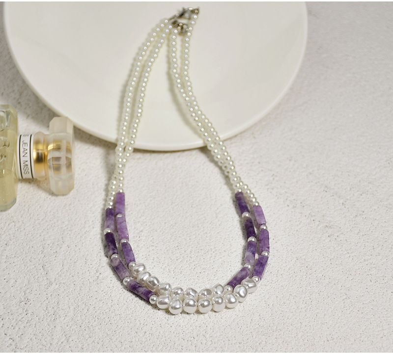 Round Pearl Purple Semi-Precious Stone Beaded Clavicle Chain Necklace Handmade Womenu0027s Ornament 