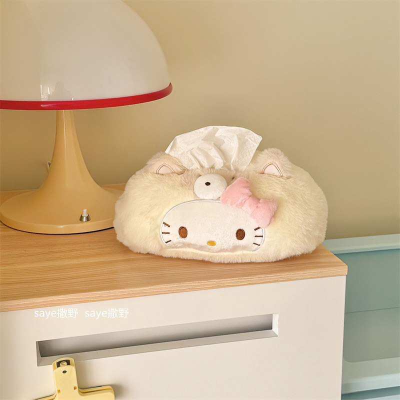 Cute kitty cream yellow plush tissue box for home use in the living room, bathroom, or car