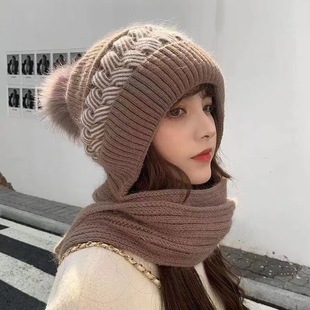 Winter Wool One-piece Knitted Hat Women's Warm Hat fleece-lined Thickened Snow Hat Scarf One-piece Ear Protection Fashion Hat