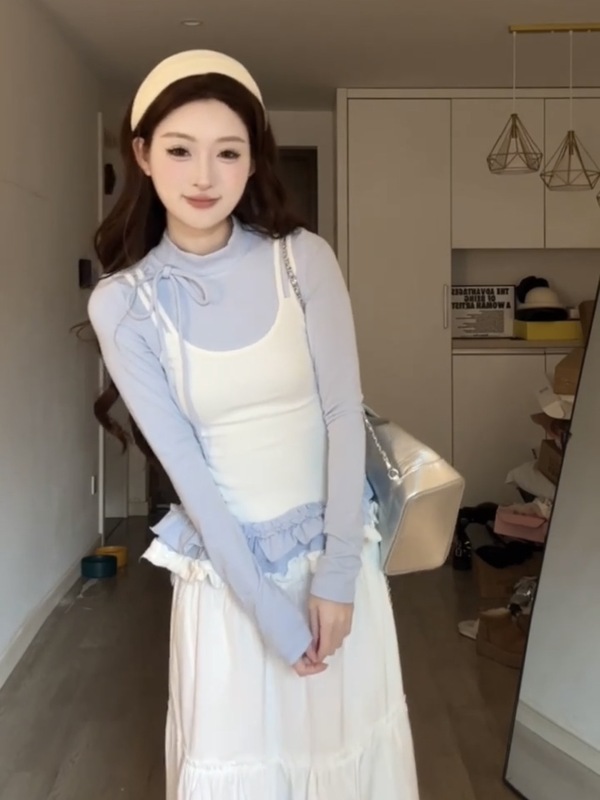 甜美芭蕾风拼接吊带长袖t恤女秋季小个子气质荷叶边显身材上衣潮|undefined