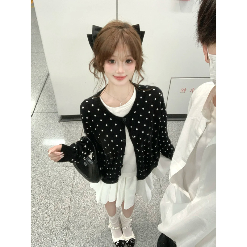 韩系减龄波点针织开衫女春秋季小众单排扣撞色长袖外套甜美风上衣|undefined