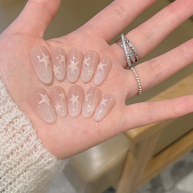 【White Star Sea】Hand-Painted Five-Pointed Star Milky White Gradient Handmade Wearable Nails 191 Styles with Box and Tool Kit