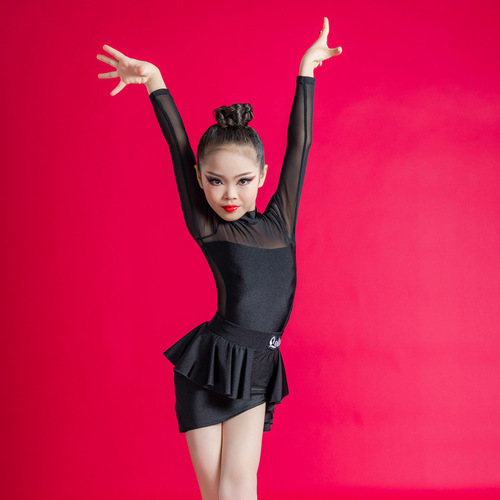 black turtle  neck latin dance dresses for girls kids children's latin ballroom dancing uniforms modern salsa dance outfits for baby