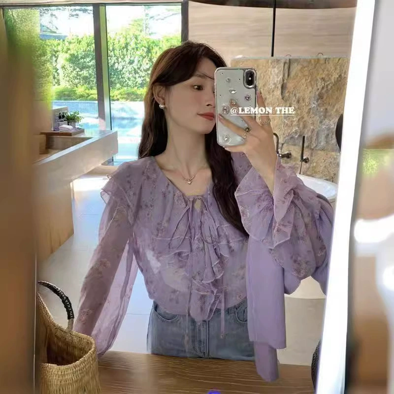 Цветочная шифоновая рубашка женский новый летний сладкий темперамент шикарный