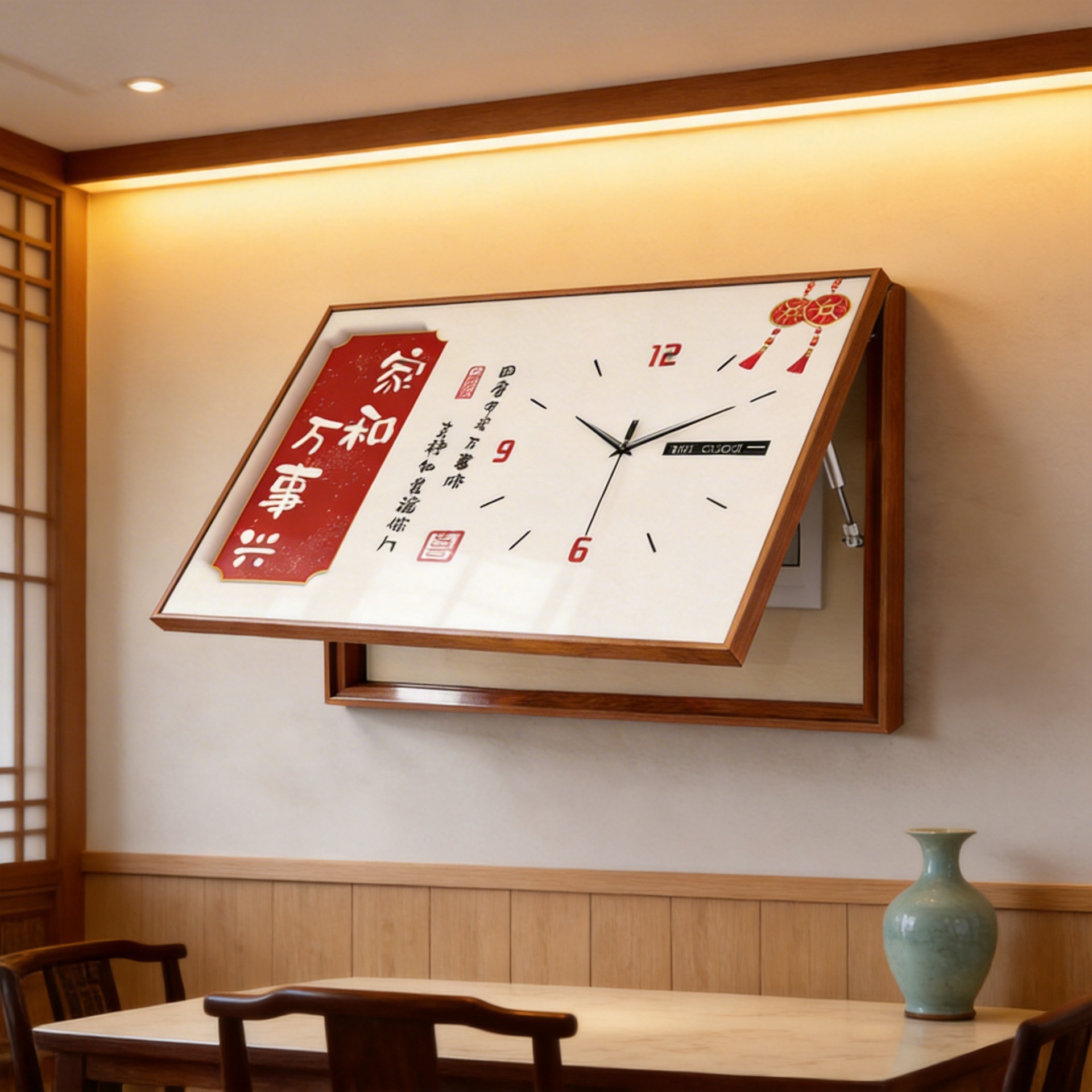 New Chinese-Style Electric Meter Box Decorative Painting with Clock, 2026 New Model, Wall Art for Distribution Box, Corridor, Dining Room, No-Drill Wall Hanging