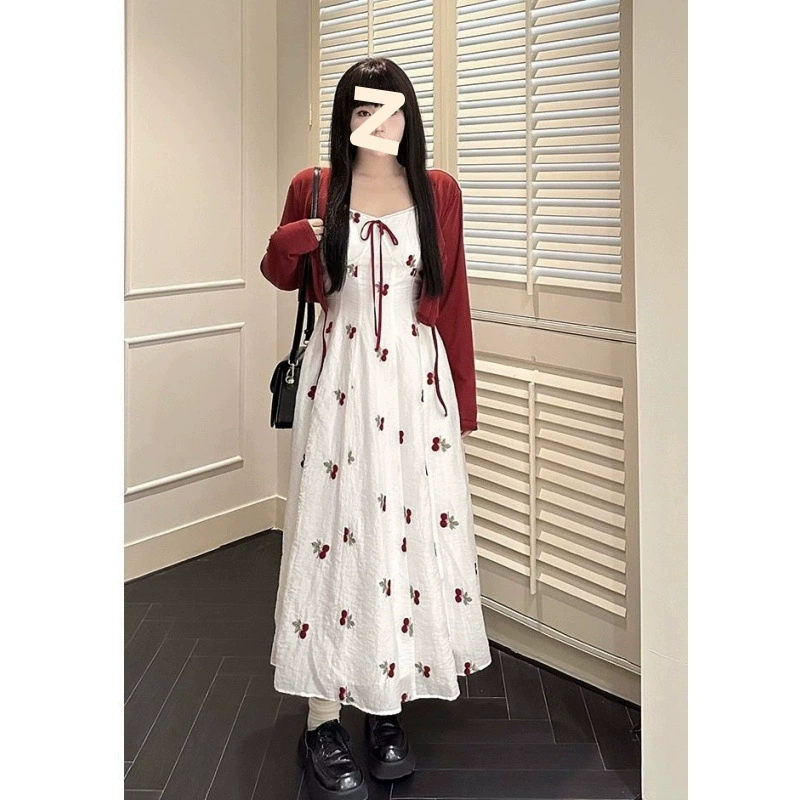 Большой размер слегка толстый мм французский ретро сладкий принт вишневое платье с подтяжкой женский трикотажный кардиган из двух частей