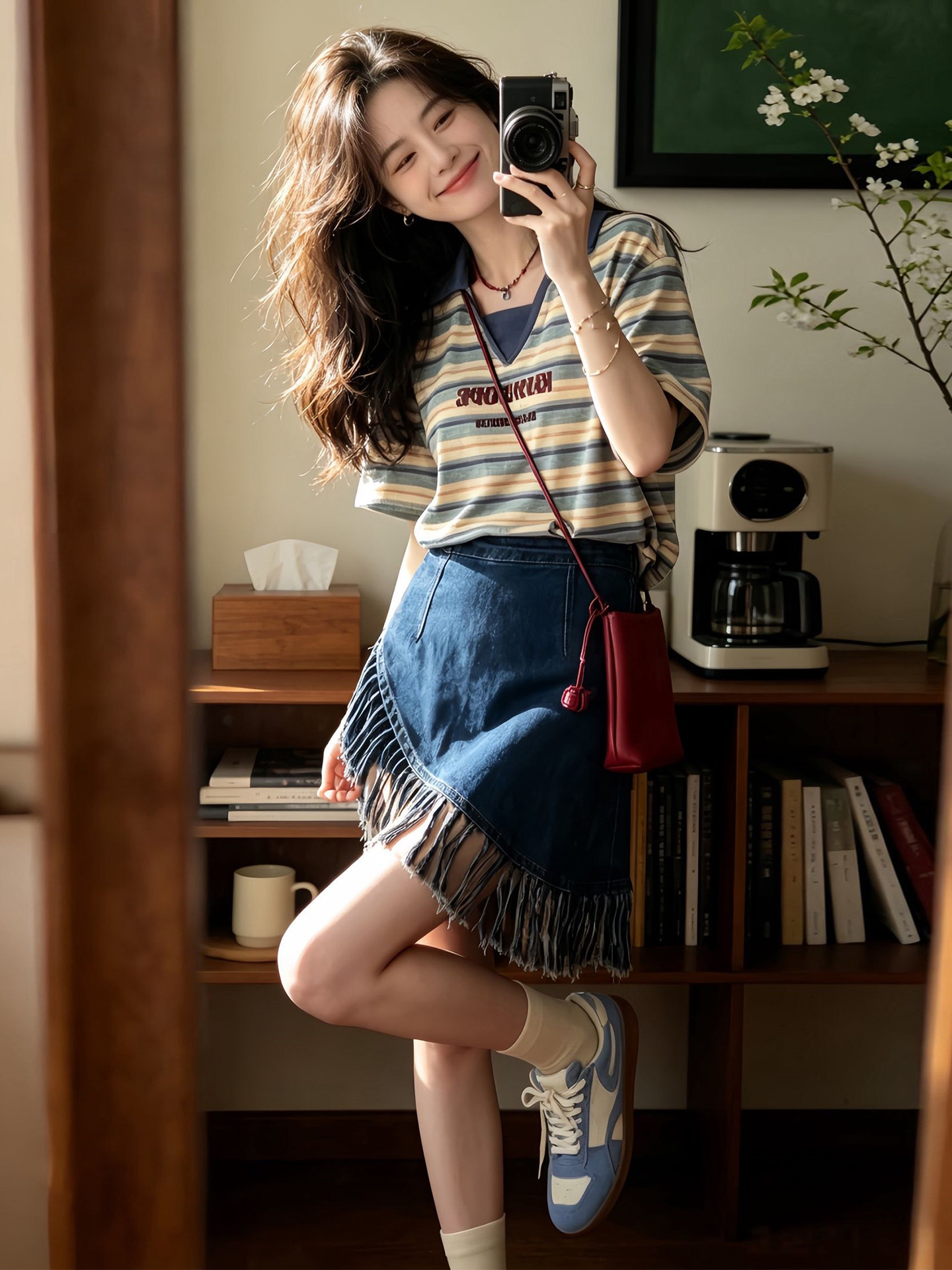 Bộ áo thun sọc ngắn tay kết hợp chân váy jean nữ phong cách Hàn Quốc — Trang chủ