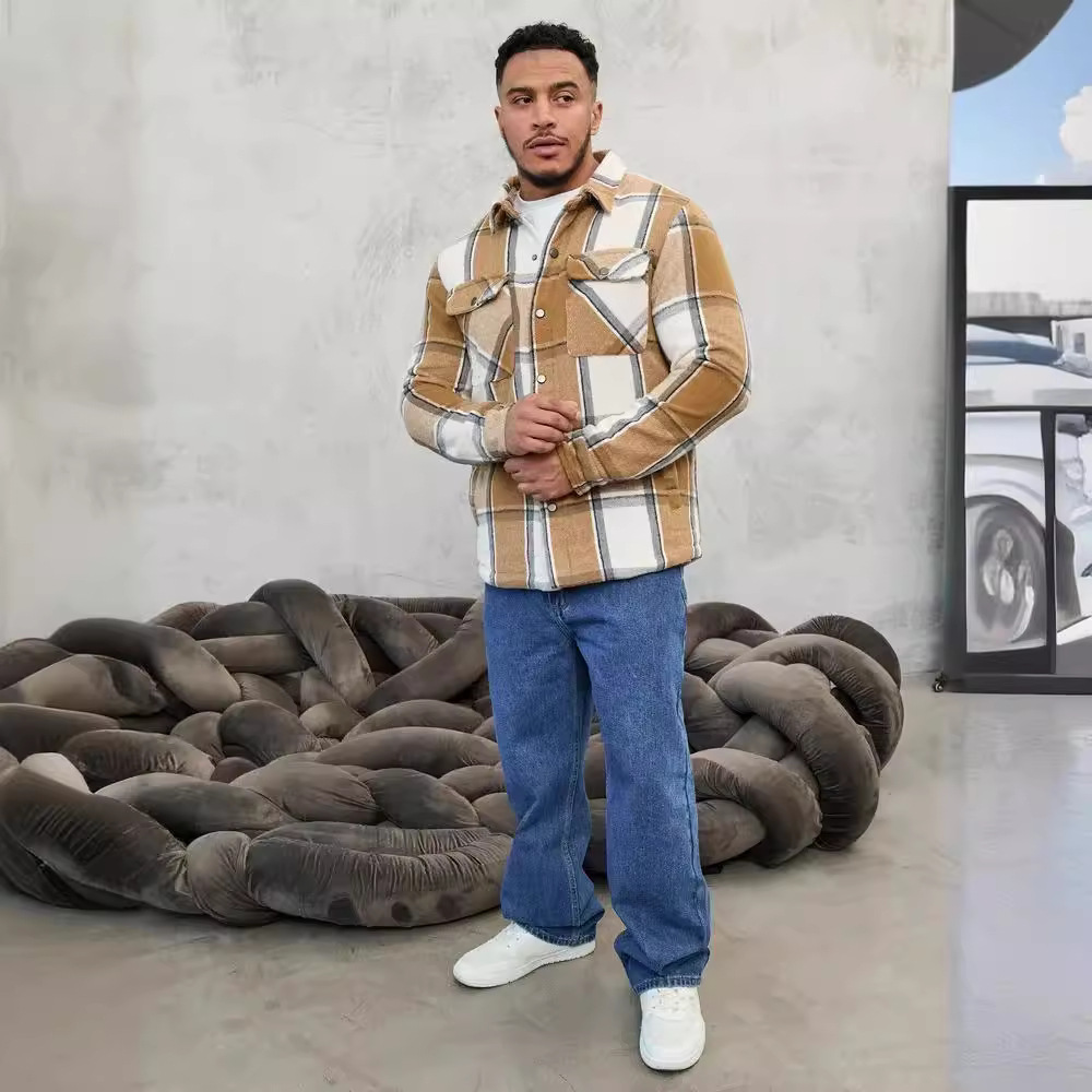 Men's Clothing flannel long sleeved lapel plus velvet warm loose fitting pocket men's jacket_voghion.com