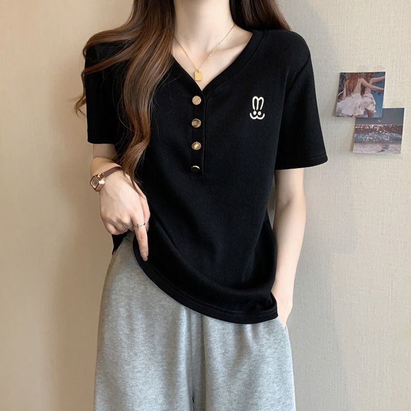 Plus Size Slightly Fat V Neck Right Shoulder Short-Sleeved T-Shirt for Women 2024 Summer New Fat mm Loose Short Style Slimming Look Top